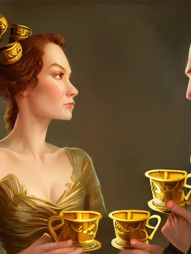 Image similar to a couple with misterious expressions, cheers, a toast with golden cups. intricate, elegant, highly detailed, digital painting, artstation, concept art, sharp focus, illustration, by justin gerard and artgerm, 8 k