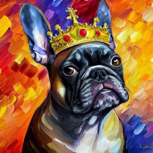 Prompt: portrait painting of a French bulldog wearing a crown and gold necklace by Leonid Afremov