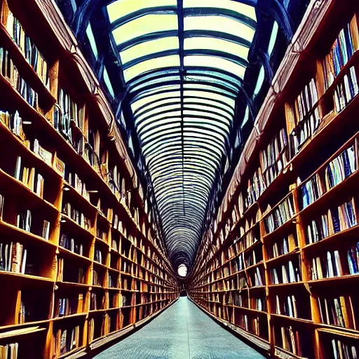 Prompt: “lost in a vast winding and overlapping labyrinth that is Powell’s City of Books. High arches platforms and catwalks are sunlit in this Creepy liminal photo. Hyperrealistic, benchmark resolution photo”