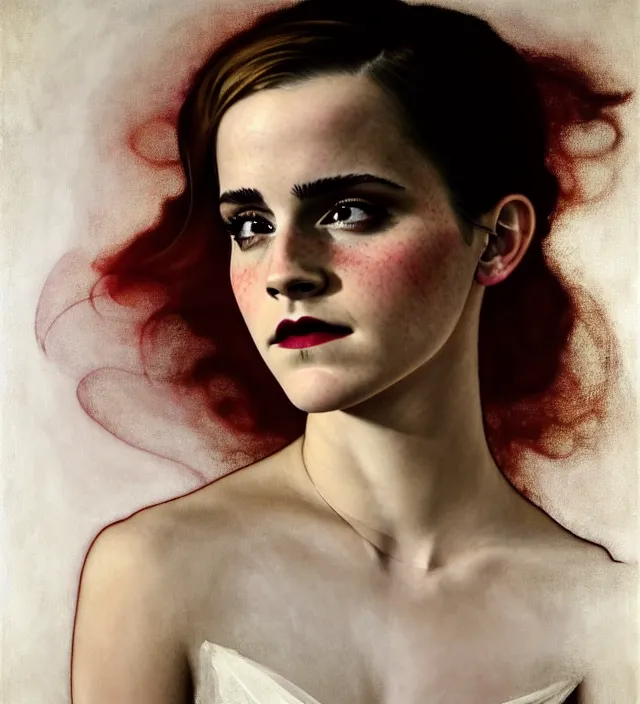 Image similar to emma watson stunning portrait of highly details androgynous ruby rose as desire from sandman, rockabilly style, white suit and black tie,, by egon shiele and alphonse mucha, with influence of jeremy mann, peter lindbergh, dave mckean, maurice sapiro, and frank moth, soft lightning, highly detailed, 8 k