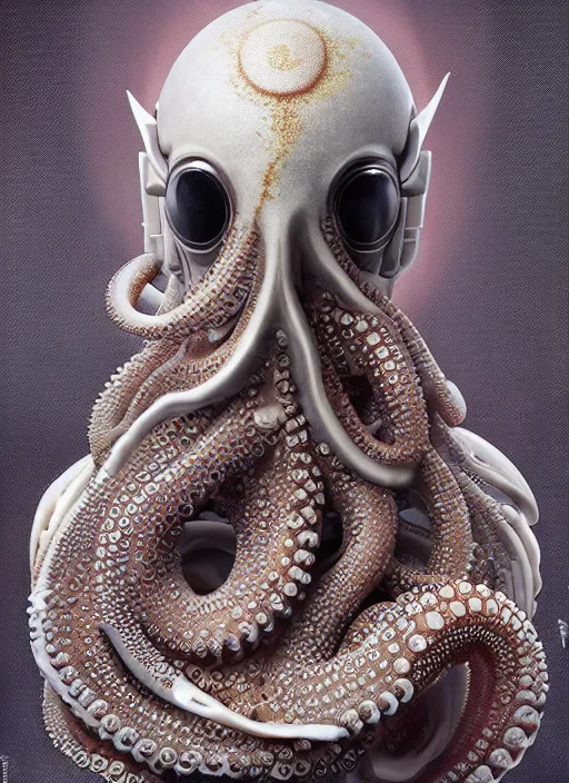 Image similar to portrait of a futuristic geisha octopus cyborg, made from million point clouds, in the style of ghost in the shell, kintsugi, modern fine art, fractal, intricate, elegant, highly detailed, digital photography, subsurface scattering, by jheronimus bosch and greg rutkowski,