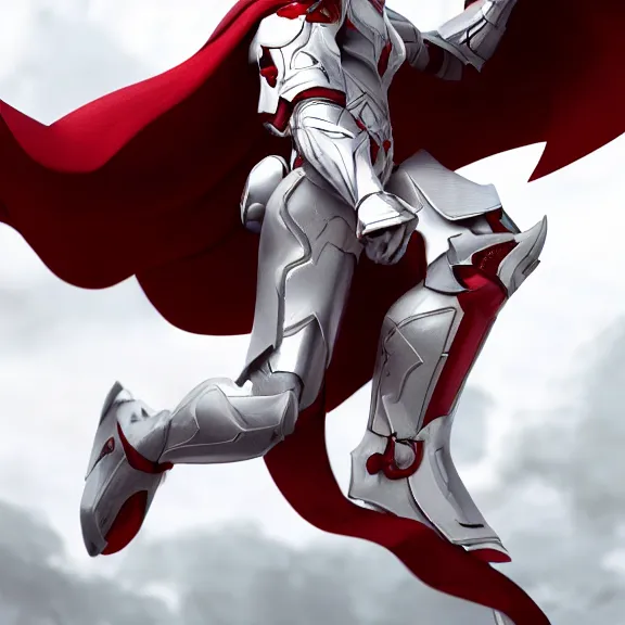 Image similar to cinematic full body shot of a male angel flying, white metallic armor, red cape, elegant pose, detailed arms, detailed white armor, two arms, two legs, detailed fanart, macro art, realistic digital art, DeviantArt, artstation, 3D realistic, 8k HD, octane render