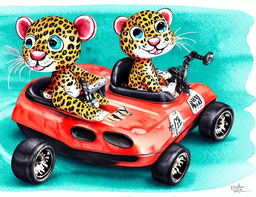 Image similar to cute and funny, baby leopard riding in a tiny go kart with oversized engine, ratfink style by ed roth, centered award winning watercolor pen illustration, isometric illustration by chihiro iwasaki, edited by range murata, tiny details by artgerm and watercolor girl, symmetrically isometrically centered