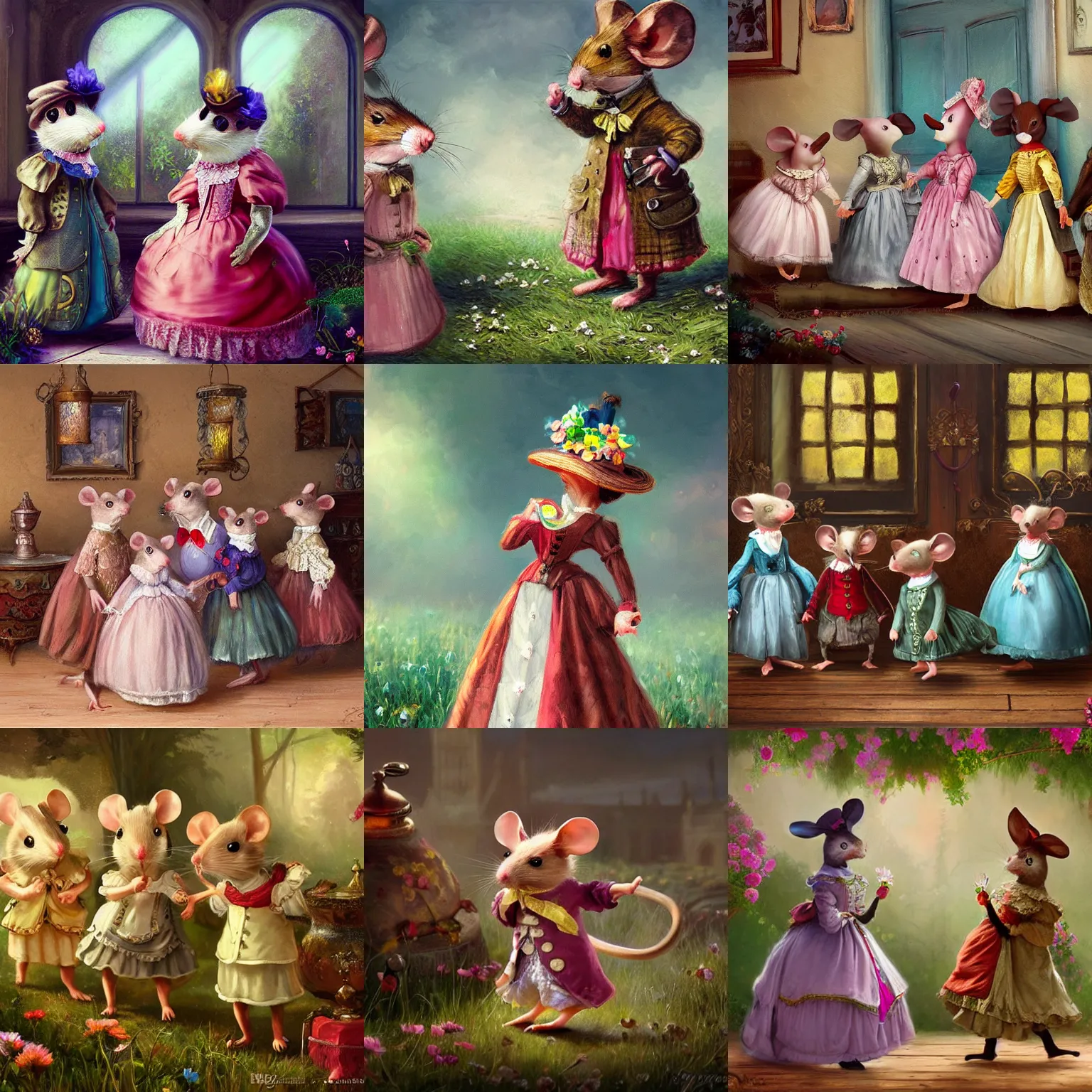Prompt: mice dressed in 1 9 th century victorian clothes, full of color, realistic, unreal engine, shiny, bloom, dramatic light, magical light, oil painting