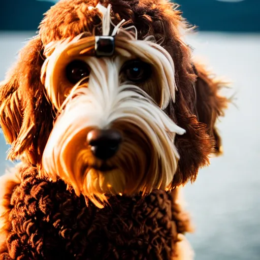 Prompt: A Photo of a cockapoo dressed as a pirate in Vancouver, BC, golden hour, 55mm