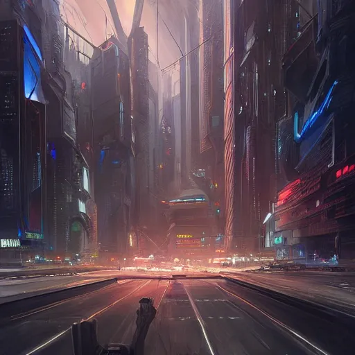 Prompt: entrance to a cyberpunk city, megastructures, complimentary contrast, dramatic lighting, gorgeous view, depth, painted by stanley lau, painted by greg rutkowski, painted by stanley artgerm, digital art, trending on artstation
