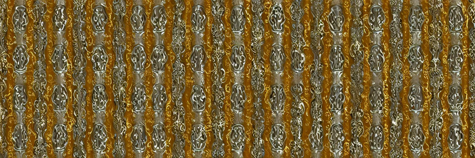 Image similar to seamless damask pattern of beautiful cybernetic baroque robot, beautiful baroque metallic face + body is clear plastic, inside organic robotic tubes and parts, damask pattern, front facing, wearing translucent baroque rain jacket, polished gold rococo frame + symmetrical composition + intricate details, hyperrealism, wet, reflections + by alfonse mucha, no blur