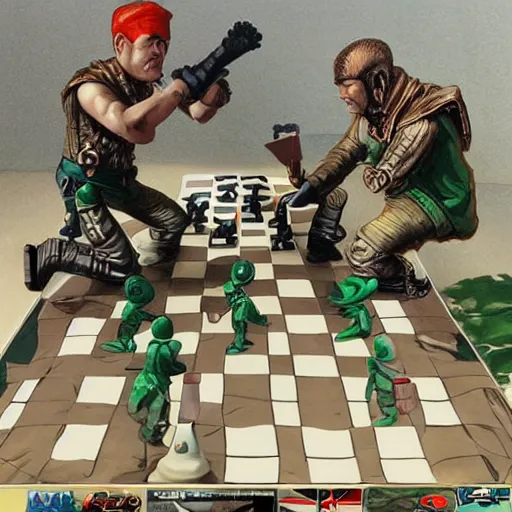 Image similar to two generals playing chess with toy army men, artwork by moebius, artgerm and artstation