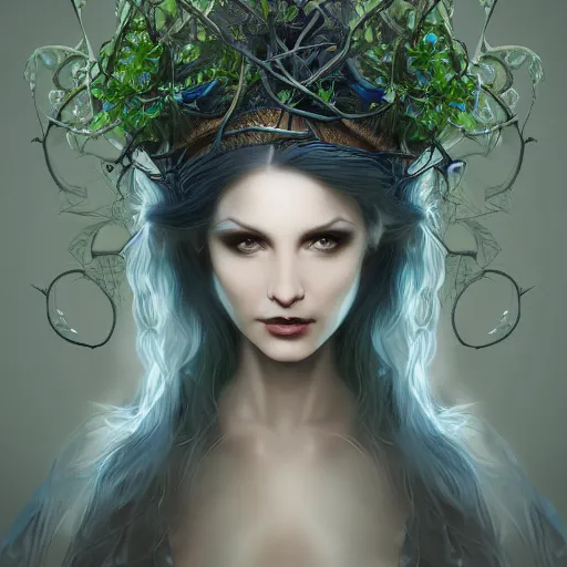 Image similar to detailed portrait of a dark fairy queen , realism, pale blue, emerald, sapphire, wearing a crown of vines, nest of vipers, moonlit, dark fantasy, dramatic lighting, cgsociety, artstation