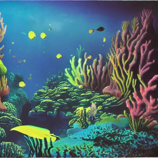 Image similar to underwater verdant coral wonderland, matte painting from Fantasia (1940)