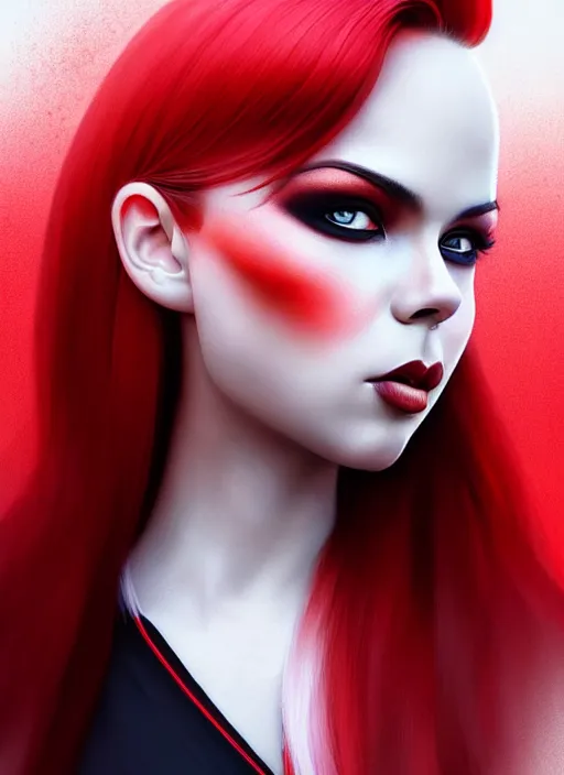 Prompt: photo of kerli koiv with red and white ombre in the style of stefan kostic, realistic, half body shot, sharp focus, 8 k high definition, insanely detailed, intricate, elegant, art by stanley lau and artgerm, foggy backgeound