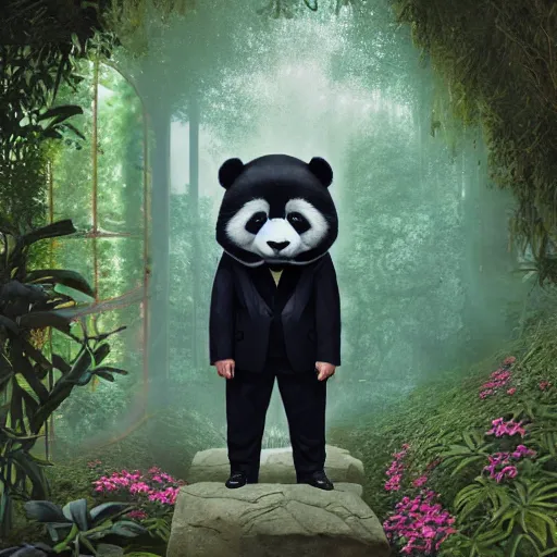 Prompt: detailed symmetry!!, ( gentlemen panda wearing a black tuxedo with a red pocket square ), deep inside a temple overgrown with black vines, by casey weldon and chie yoshii and afarin sajedi, global illumination, radiant light, god rays, bokeh, digital illustration, cg society, unreal engine 5, ray tracing