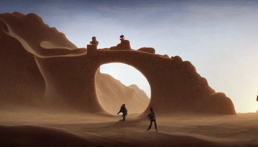 Prompt: a sand tsunami in the desert gate swallowing a man and a boy to different dimension spark, by caspar david friedrich by james gilleard and justin gerard, artstation, smooth, sharp focus, by jean baptiste, octane render