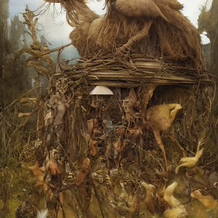 Image similar to a photograph of old hut hybrid with giant hen legs. by tom bagshaw, donato giancola, hans holbein, walton ford, gaston bussiere, brian froud, peter mohrbacher and magali villeneuve. 8 k, cgsociety