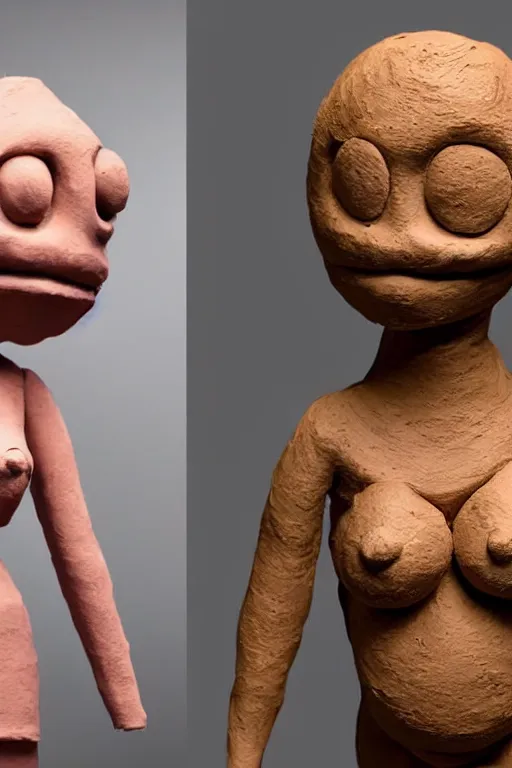 Image similar to A clay monster is standing in front of TV and making a head by copying female model's appearance in the TV screen which shows her standing image, highly detailed,