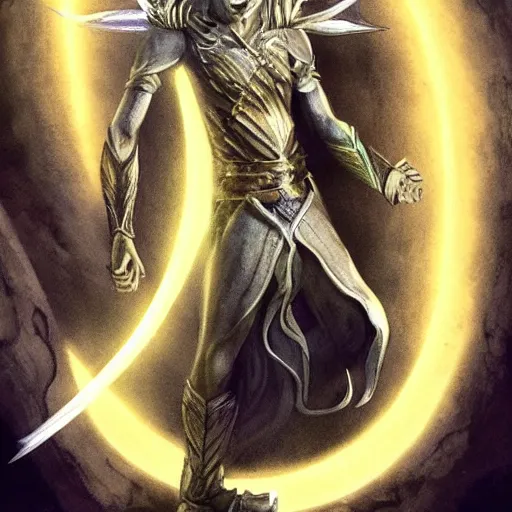 Prompt: Silver hair shining in a shaft of light that seems to illuminate only him, an elf laughs with exultation. His spear flashes like his eyes as he jabs again and again at a twisted giant, until at last his light overcomes its hideous darkness.