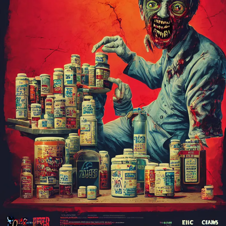 Image similar to hyperdetailed poster painting in a color style of 70's black poster art of an a crazy pharmacist zombie holding a giant jar of pills, epic scale ultrawide angle, 3D rendered, Vray rendered, octane render, unreal engine