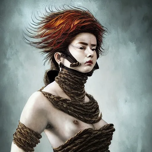 Image similar to portrait of a Shibari rope wrapped face and neck, headshot, insanely nice professional hair style, dramatic hair color, digital painting, of a old 15th century, roman soilder, amber jewels, baroque, ornate clothing, scifi, realistic, hyperdetailed, chiaroscuro, concept art, art by Franz Hals and Jon Foster and Ayami Kojima and Amano and Karol Bak,