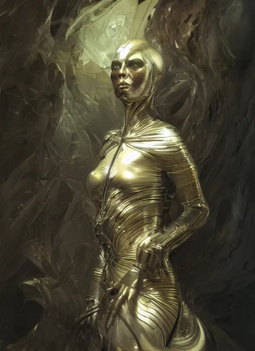 Image similar to metallic, physically accurate, moody dynamic lighting, very very intricate, very very elegant, highly detailed, digital painting, artstation, HR GIGER, Hieronymus Bosch, Francis Bacon, concept art, smooth, very beautiful, sharp focus, illustration, art by artgerm and greg rutkowski and alphonse mucha