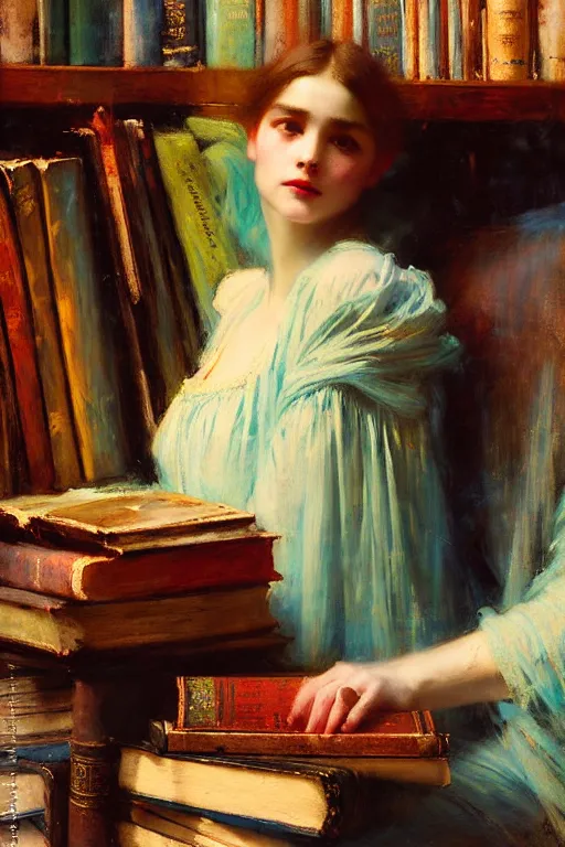 Prompt: soft colorsphotograph imax and solomon joseph solomon and richard schmid and jeremy lipking victorian loose genre loose painting book shop interior full of books disney