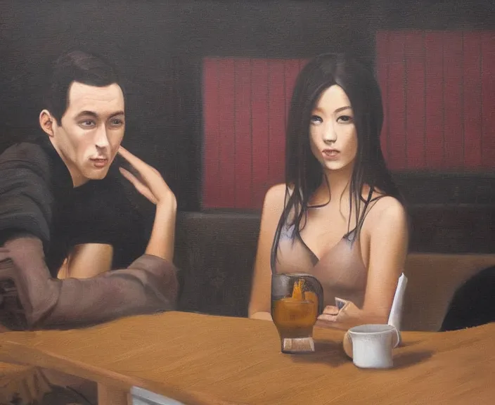 Prompt: dark oil realistic painting a gaunt man looking at a beautiful brunette woman in a japanese cafeteria