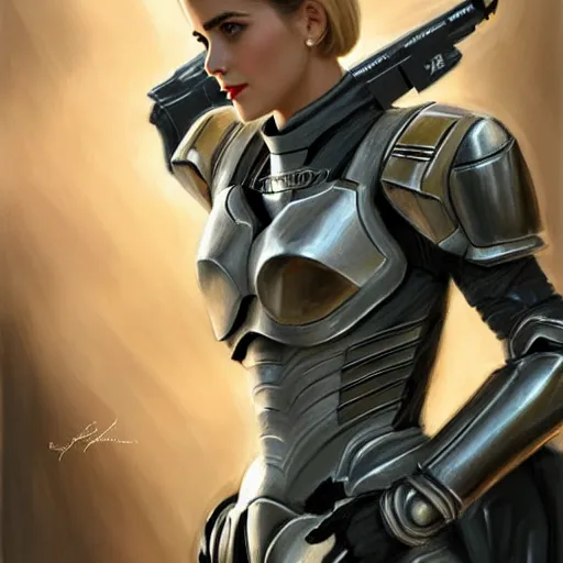 Prompt: A combination of Grace Kelly's and Emma Watson's and Ashley Greene's appearances with blonde hair wearing Master Chief's armor, full body portrait, futuristic, dramatic, fantasy, intricate, elegant, highly detailed, digital painting, artstation, concept art, matte, sharp focus, illustration, art by Donato Giancola and James Gurney