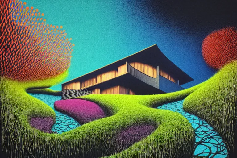 Image similar to surreal glimpse into other universe, house by kengo kuma, summer morning, very coherent and colorful high contrast, art by!!!! gediminas pranckevicius!!!!, geof darrow, floralpunk screen printing woodblock, dark shadows, hard lighting, stipple brush technique,