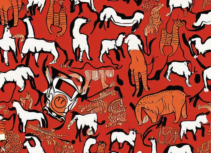 Image similar to painted pattern which depicts figures of ancient hunters, mammoths and vw buses, rock cave painting, red ocher, finger painting