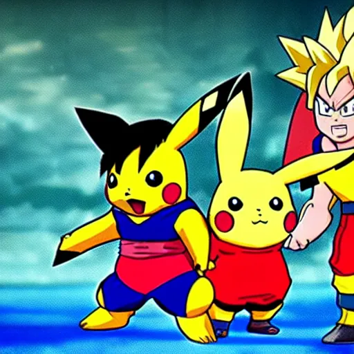 Image similar to pikachu fights against son goku in an arena, anime