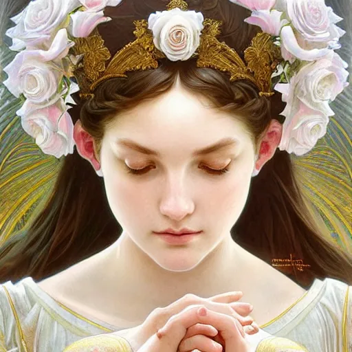 Prompt: perfectly detailed goddess princess of white roses!! blessed by nature with ever - increasing physical mental perfection, intricate, highly detailed, biblical divine holy perfection!! digital painting, artstation, concept art, smooth, sharp focus, illustration, art by artgerm and greg rutkowski and alphonse mucha