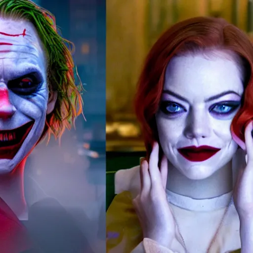 Image similar to Emma Stone as (The Joker) stunning awe inspiring beautiful 8k hdr colorful lighting