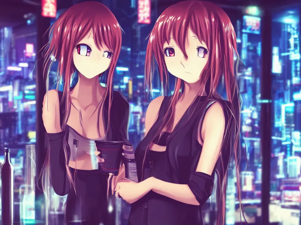 Image similar to cute anime girl alone in a cyberpunk city bar, very detailed, perfect face, long hair