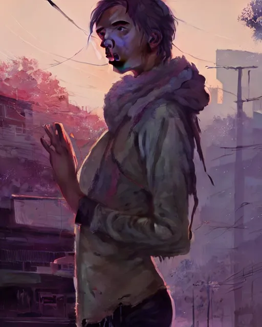 Image similar to portrait of homeless Scarlett Johansson wearing tattered rags barefooted, in GTA V, Stephen Bliss, unreal engine, by Greg Rutkowski, Loish, Rhads, Makoto Shinkai and Lois van baarle, ilya kuvshinov, rossdraws, global illumination, radiant light, detailed and intricate environment