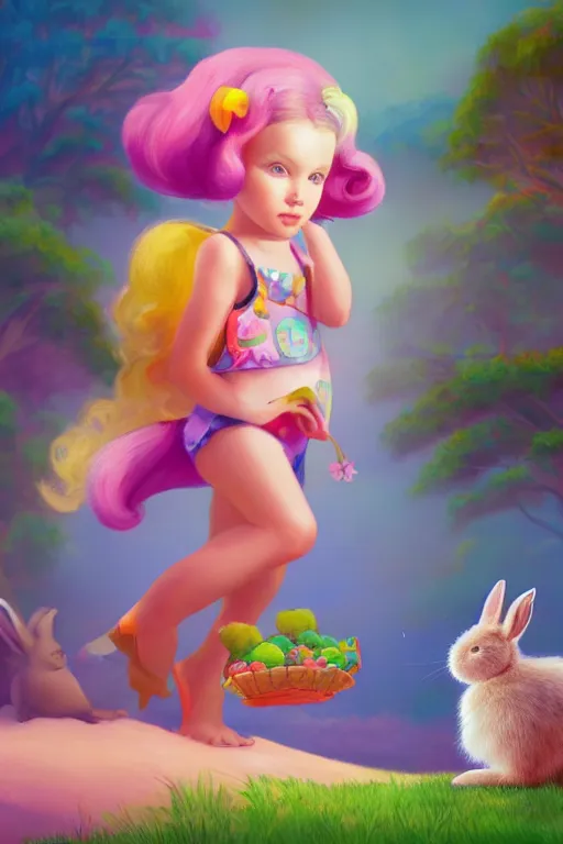 Image similar to matte sharp painting cute little girl and rabbit landscape painted by mark rydel artstation behance storybook lisa frank