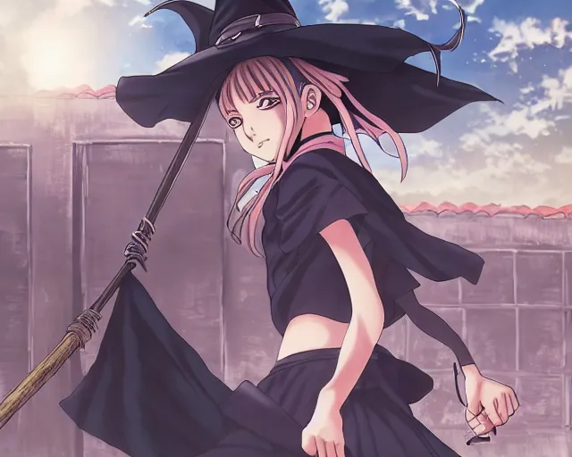 Image similar to key anime visual portrait of a young female witch walking through a busy village, dynamic pose, dynamic perspective, cinematic, dramatic lighting, muted colors, detailed silhouette, textured, finely detailed eyes, anime proportions, anmi, murata range, kentaro miura