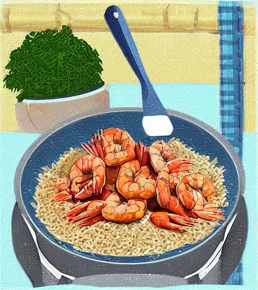 Image similar to cute digital art of a shrimp cook cooking rice