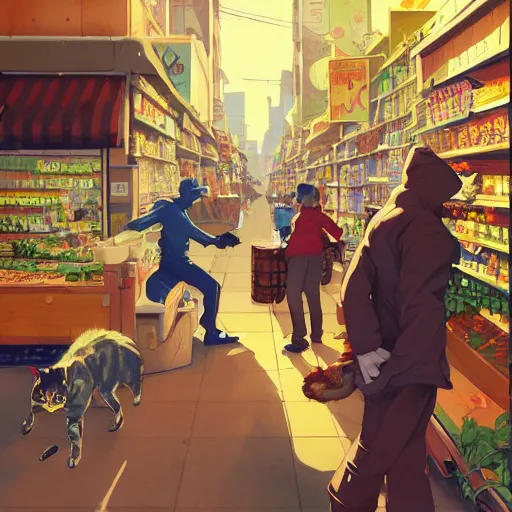 Image similar to cat robbing a food store, art gta 5 cover, artstation by jesper ejsing, by rhads, makoto shinkai and lois van baarle, ilya kuvshinov, ossdraws, and by feng zhu and loish and laurie greasley, victo ngai, andreas rocha, john harris