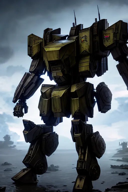 Image similar to hyper detailed 8 k cinematic still, rendering with volumetric lightning and ray tracing, show case of a skinny full body aggressive armored core, weathering armor plating, decipticon armor plating, aggressive head, endoekeleton exposure