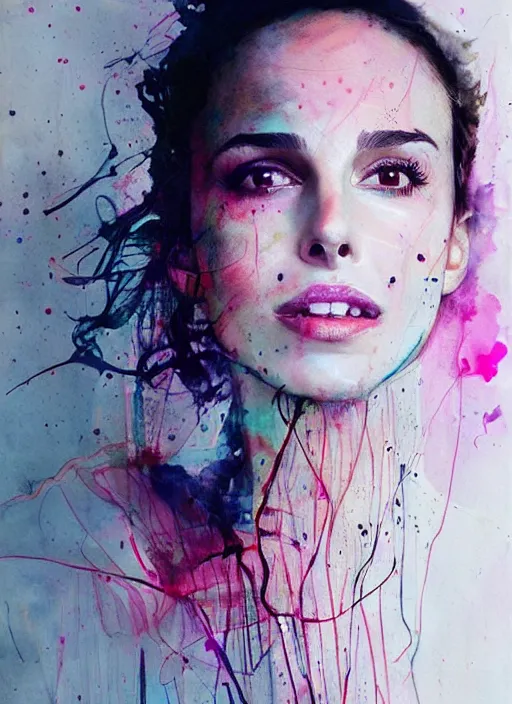 Prompt: vicious smile nathalie portman by agnes cecile, extremely luminous bright design, pastel colours, ink drips, autumn lights