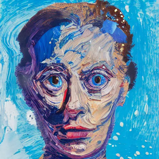 Image similar to oil paint impasto relief, portrait of woman's face, deep under water, lots blue colours, lit from above, looking up, air bubbles, multi layered thick brush marks, some splattered paint, in the style frank auerbach and magritte