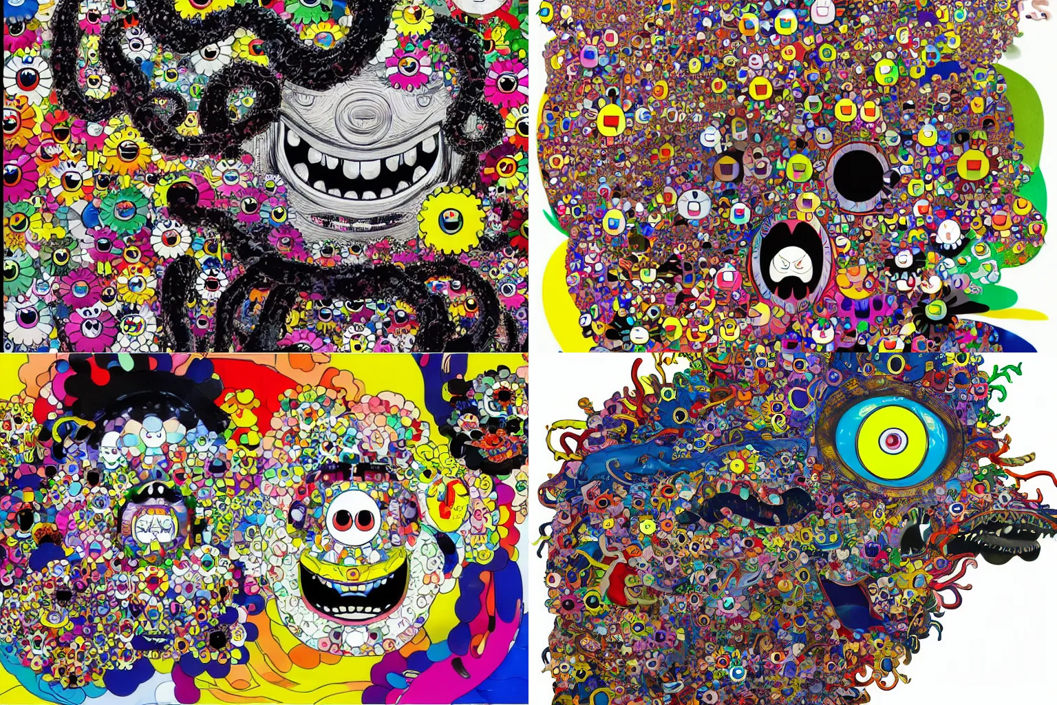 Prompt: an illustration of the head of Mr. DOB by takashi murakami, large black smile, A collage of multicolor starbursts and biomorphic forms, Vivid tentacles, a raving and chaotic creature, at full stride, painterly spectacle of technical precision and cinematic bombast that has virtually no peer or precedent