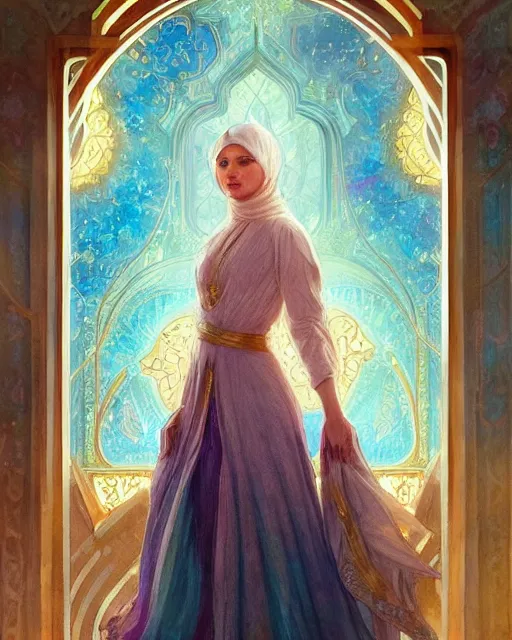 Image similar to jennifer lawrence in front of an big open quran highly detailed, gold filigree, romantic storybook fantasy, soft cinematic lighting, award, disney concept art watercolor illustration by mandy jurgens and alphonse mucha and alena aenami, pastel color palette, featured on artstation