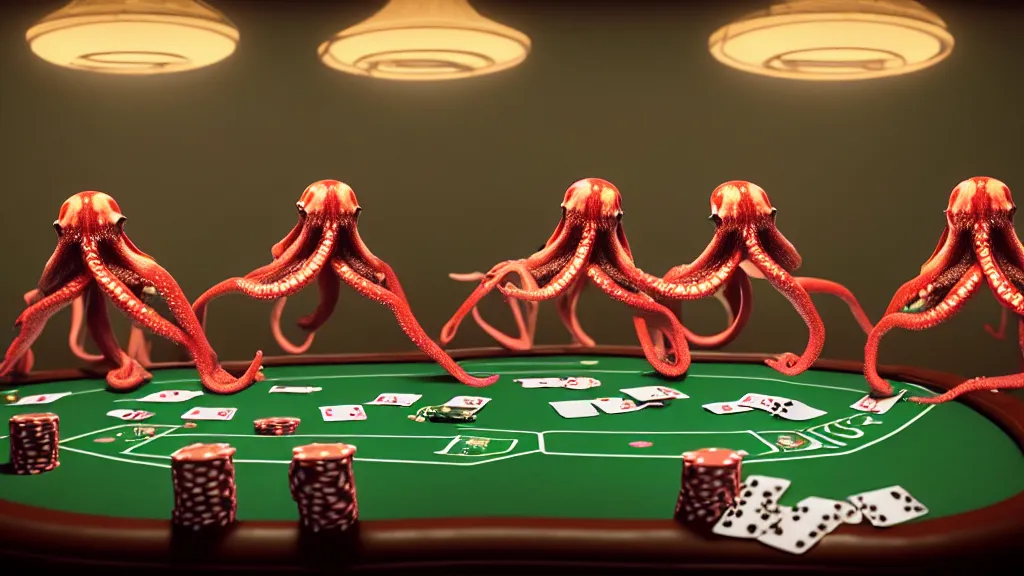 Image similar to hyperrealism simulation highly detailed human octopuses'wearing transparent jackets, playing poker in surreal scene from art house movie from future by wes anderson rendered blender and octane render