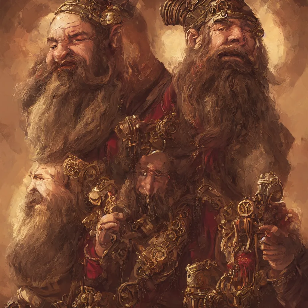 Prompt: Dwarven merchant with a long red flowing beard with Steampunk accessories, 4k oil on linen by wlop, artgerm, andrei riabovitchev, nuri iyem, james gurney, james jean, greg rutkowski, highly detailed, soft lighting 8k resolution