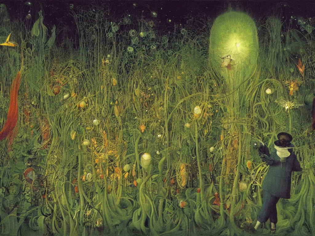 Image similar to botanist in white beekeeper suit lost among the carnivorous plants with fireflies and devil creatures. painting by mikalojus konstantinas ciurlionis, bosch, max ernst, agnes pelton, rene magritte