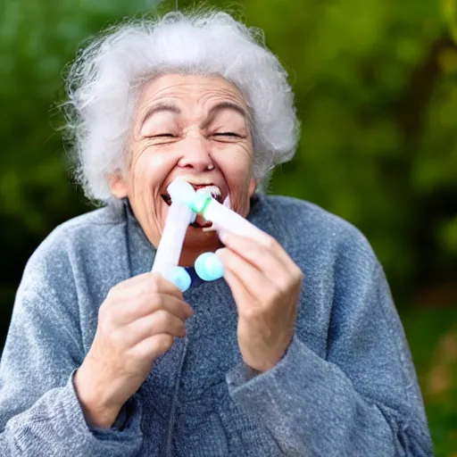 Image similar to ( ( ( an old woman laughing in a park. ) ) ) she has a thin translucent oxygen tubing under her nose!!!