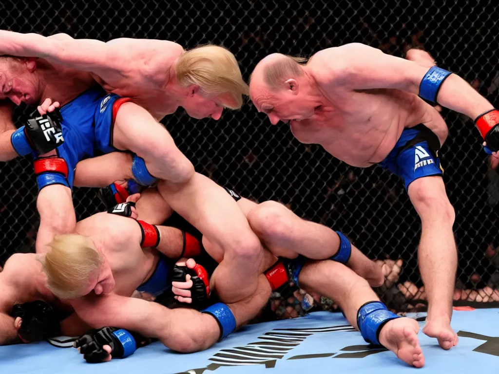 Prompt: a perfect color action photograph of donald trump and vladimir putin fighting in the ufc. guillotine choke. strong lighting. lots of sweat and haematomas.