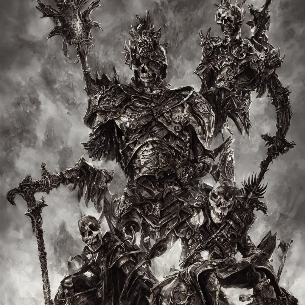 Image similar to Skeleton King sitting on a bone throne holding a giant dark sword, plate armor, hyperrealism, fantasy, dramatic lighting, 8k, high quality, high detail, trending on Artstation