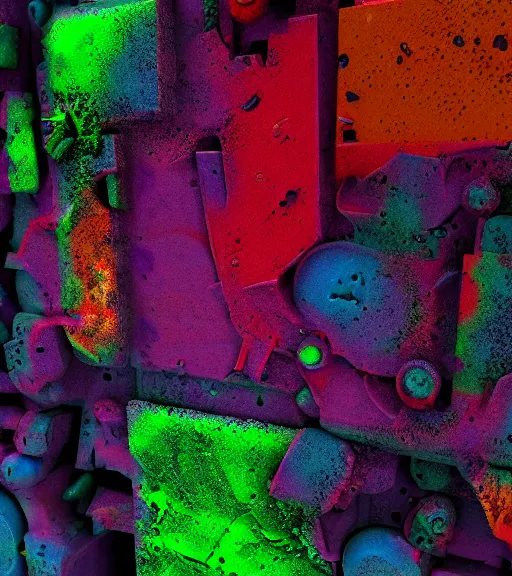 Image similar to mold corrosion abstract 3 d sculpture red purple green dark blue yellow cinematic lighting, highly detailed 8 k