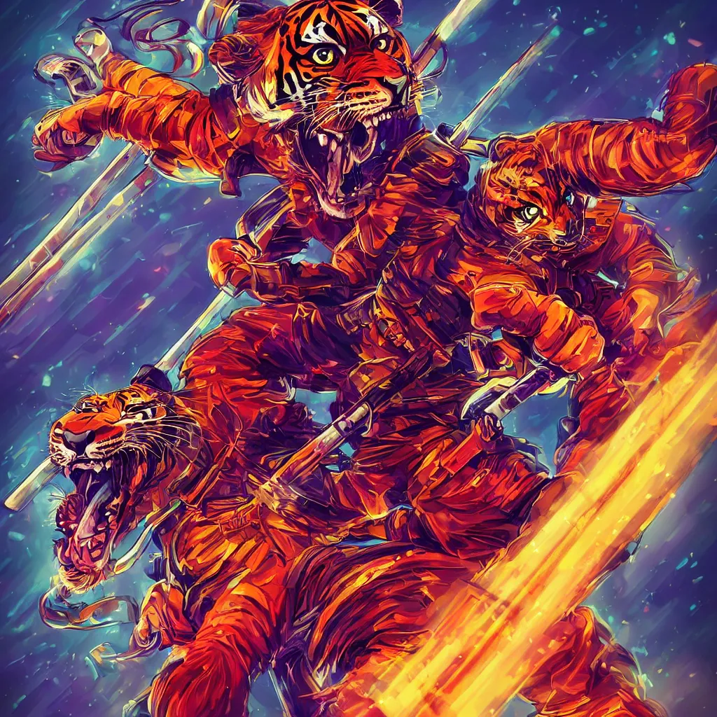 Prompt: one tiger holding the handle of a katana sideway in his mouth, looking menacing, digital art, high detail, vibrant colors, neon lightning, chibi